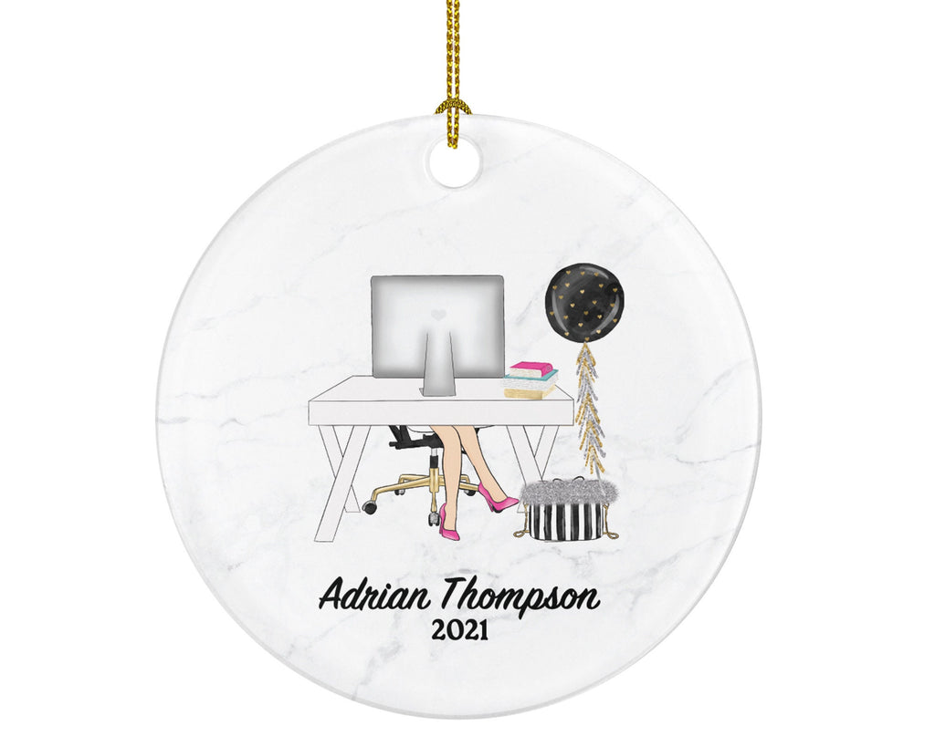 Working From Home Female Christmas Ornament - Personalized Laptop Computer Work Distance Studying Custom Name