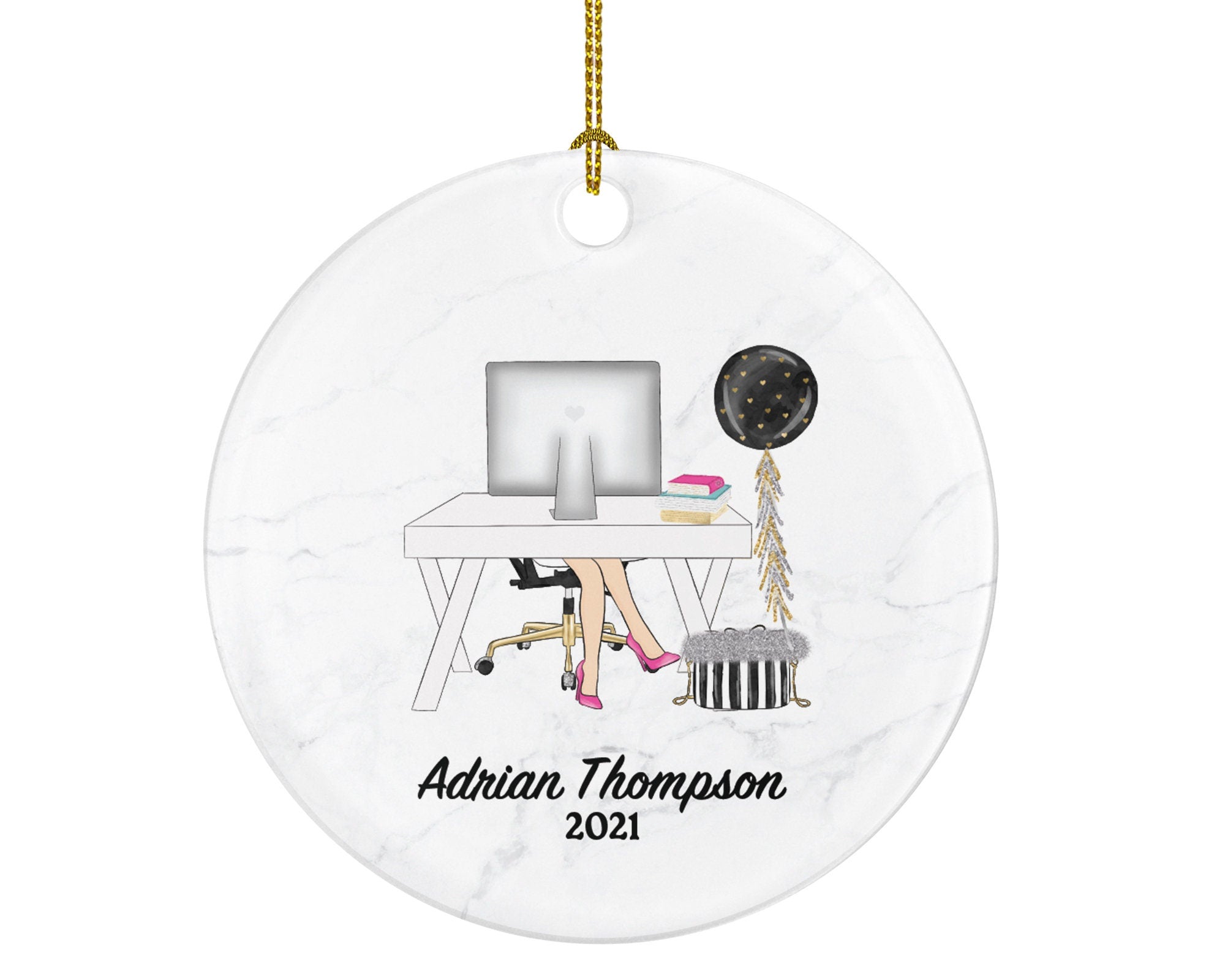 Working From Home Female Christmas Ornament - Personalized Laptop Computer Work Distance Studying Custom Name