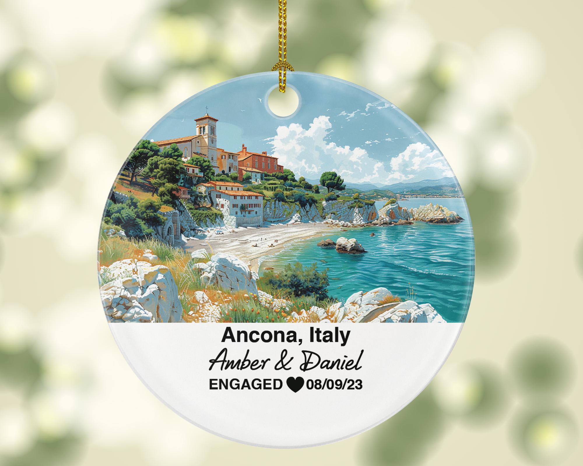 Personalized Ancona Italy Christmas Ornament, Adriatic Sea, Mr & Mrs Wedding, Engagement, or Honeymoon Keepsake for Couples