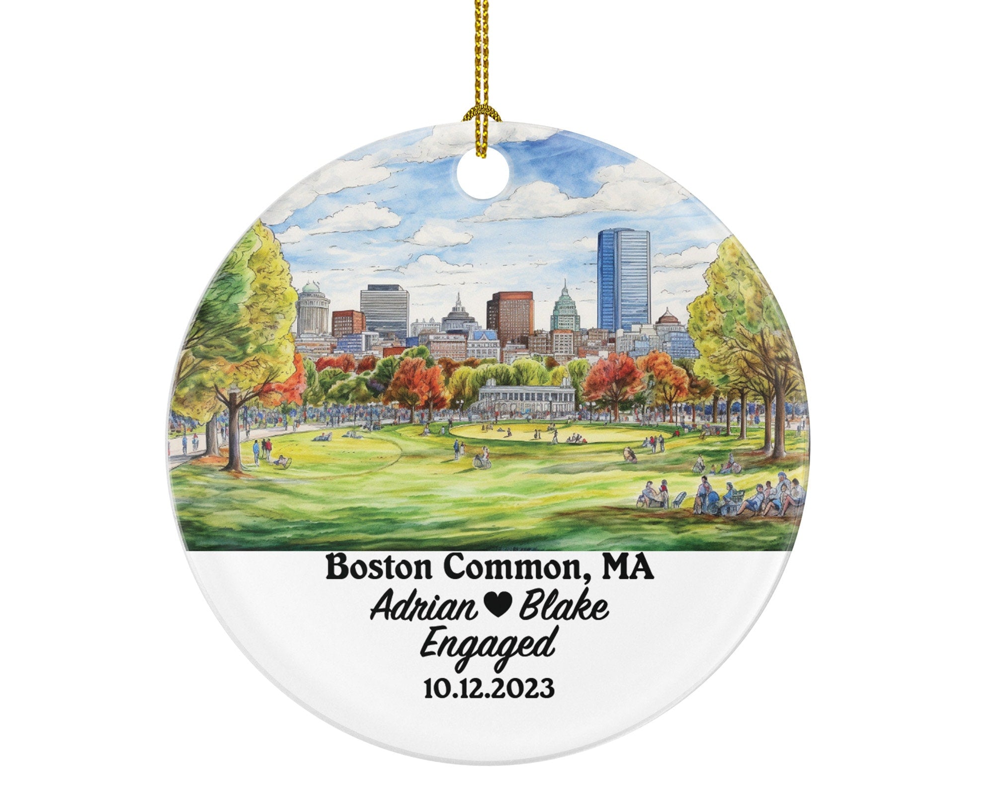 Boston Common MA Christmas Ornament Personalized - Engaged Married Family Together Couple Travel Honeymoon Wedding Engagement Marriage