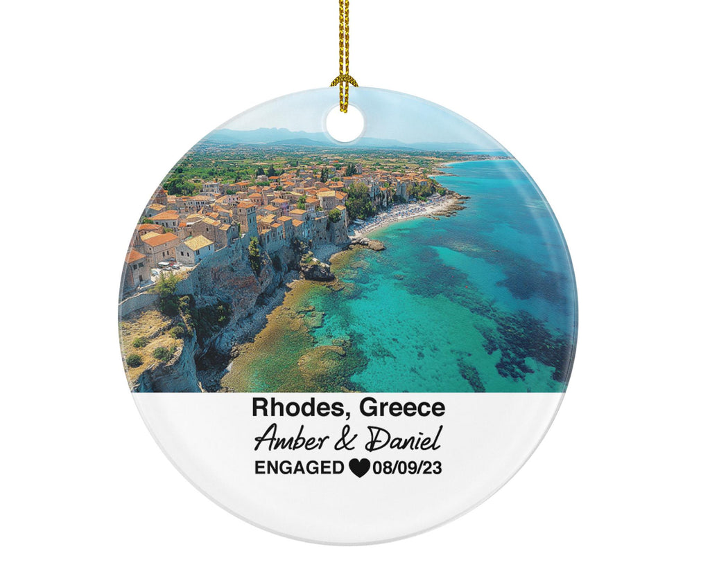 Rhodes Greece Round Ceramic Christmas Ornament – Personalized Aegean Sea View Keepsake, Custom Couple Gift for Wedding or Honeymoon
