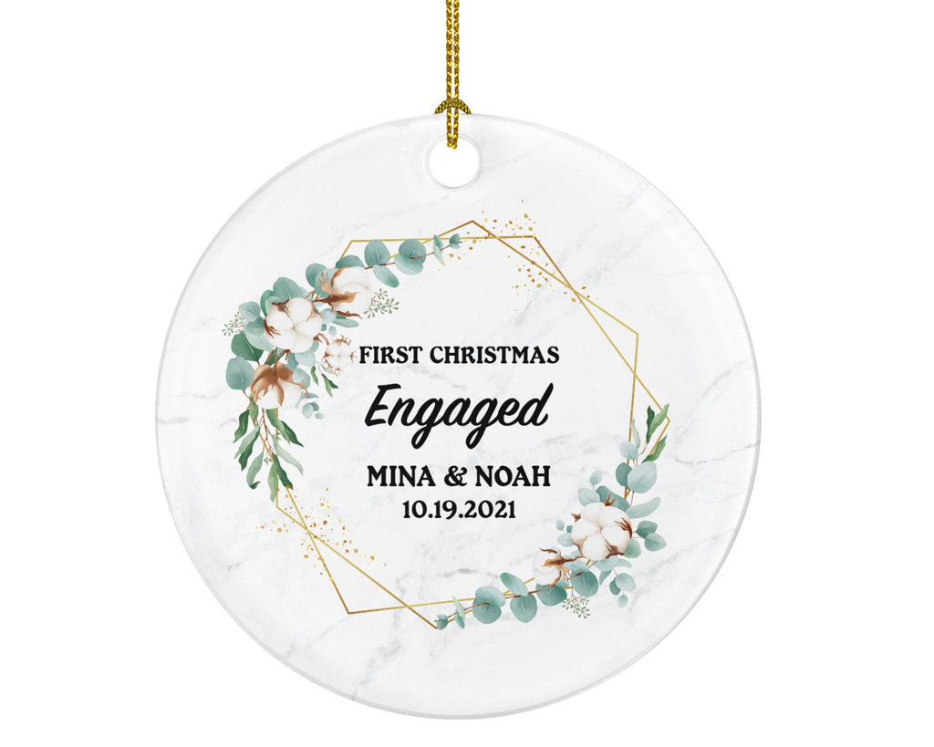 First Christmas Engaged Personalized Ornament - Engagement Announcement Couple Gift - Greenery