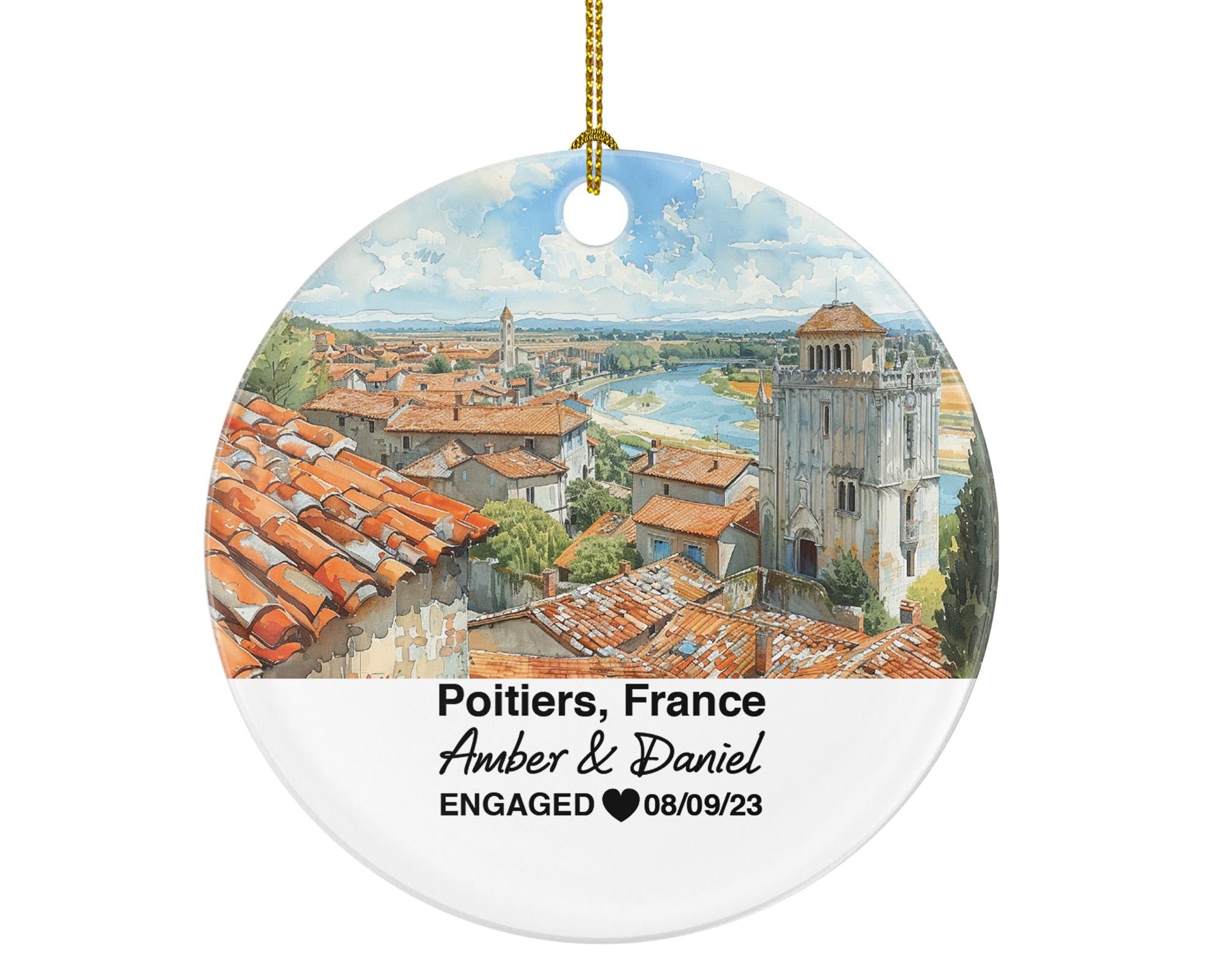 Personalized Poitiers France Christmas Ornament, Saint-Pierre Cathedral, Mr & Mrs Wedding, Engagement, or Honeymoon Keepsake for Couples