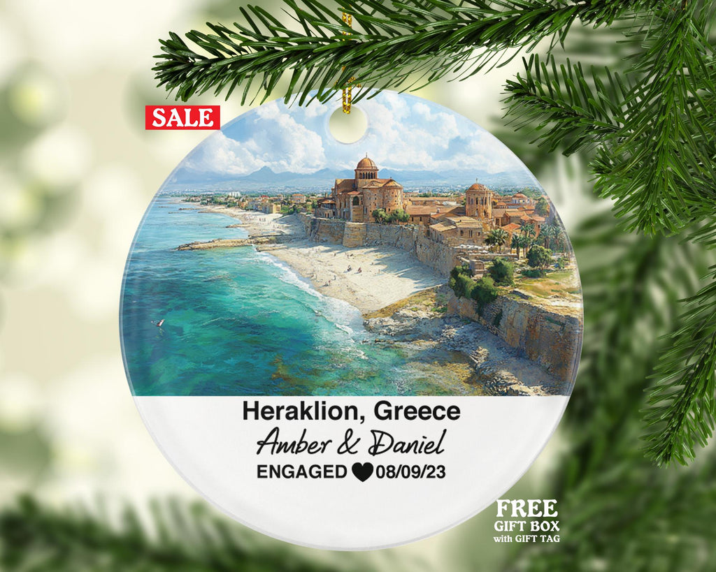 Heraklion Greece Round Ceramic Christmas Ornament – Personalized Holiday Keepsake, Custom Couple Gift for Wedding or Honeymoon