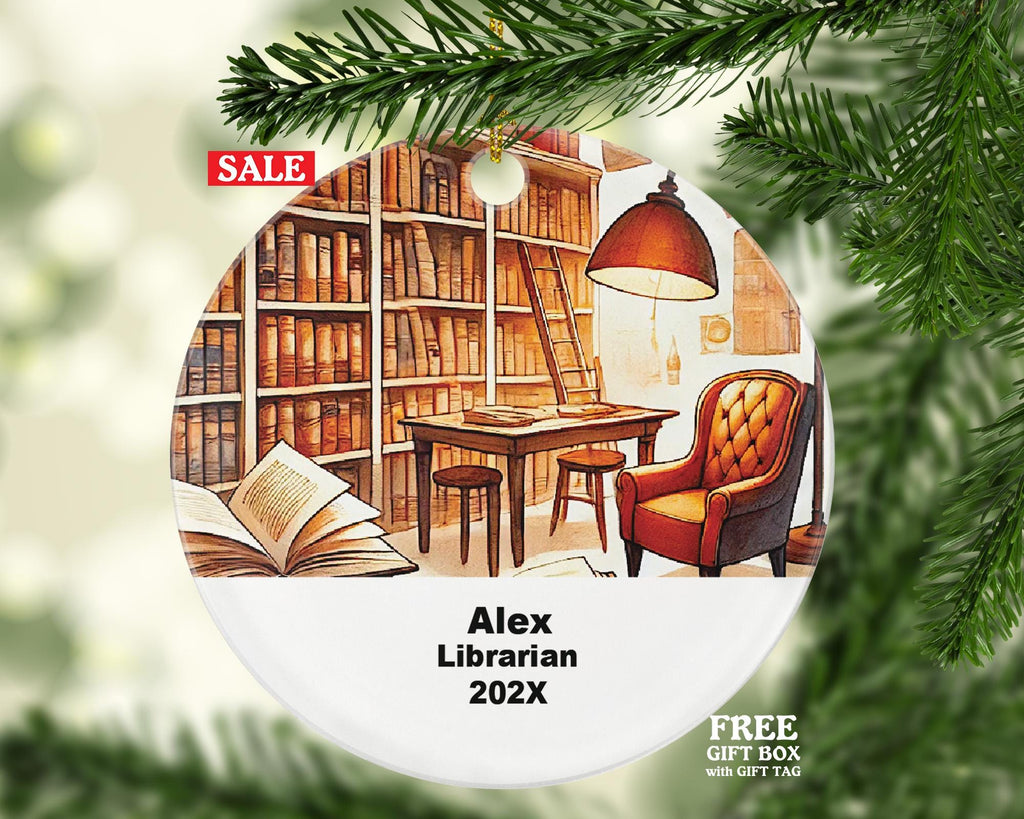 Personalized Librarian Ornament – Custom Library Gift – Book Lover and Teacher Ornament with Name and Year