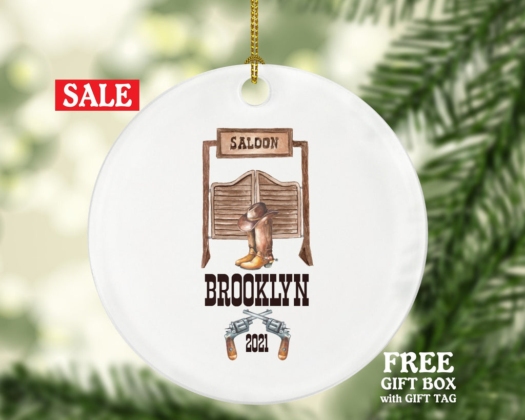 Cowboy Boot Hat Gun Saloon Western Christmas Ornament, Bull Rider Gift Rancher Texas Cowgirl Farm Personalized Xmas Present