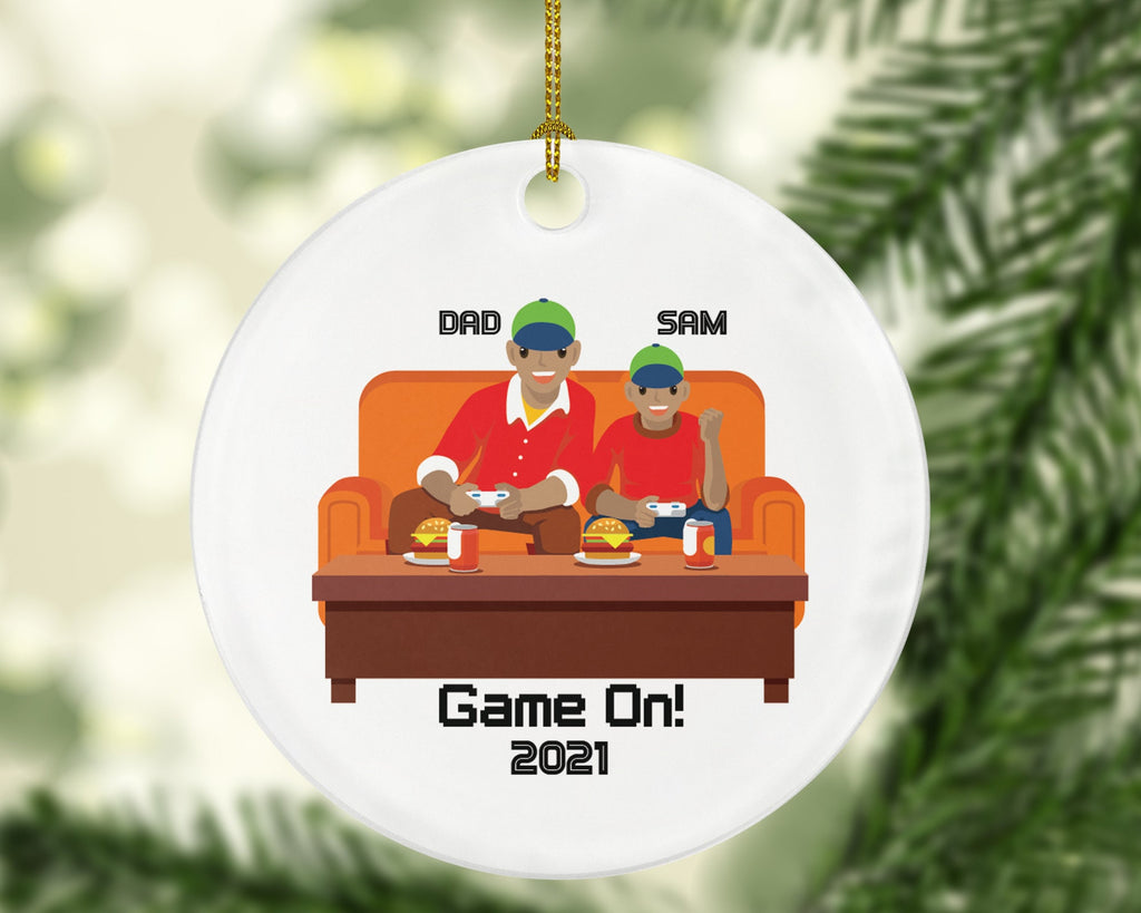 Personalized Playing Video Game Player Father Son Dad Boy Christmas Ornament for Tree Gamer Boy Controller Addict