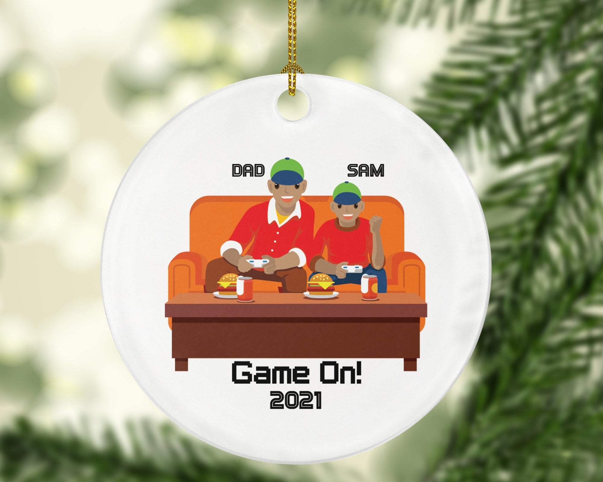 Personalized Playing Video Game Player Father Son Dad Boy Christmas Ornament for Tree Gamer Boy Controller Addict