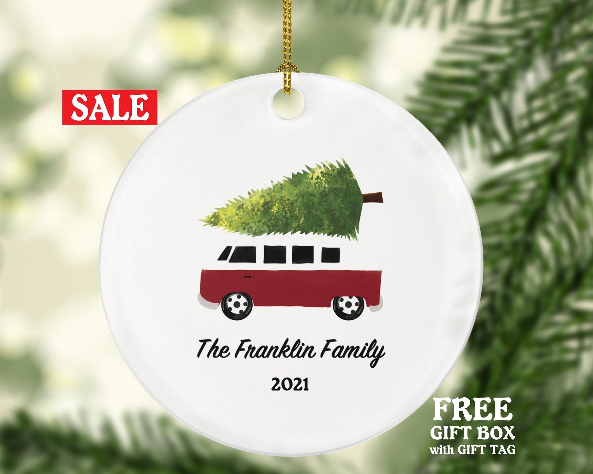 Camping Vehicle with tree RV Camper Family Christmas Ornament - Personalized Vacation Red Recreational Gift Vintage