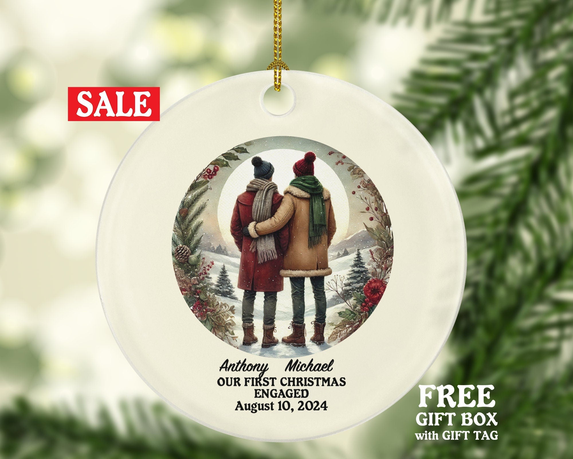 Gay Couple Christmas Ornament, Personalized Portrait Love is Love Same Sex Pride, First Christmas Engaged Custom Engagement Announcement