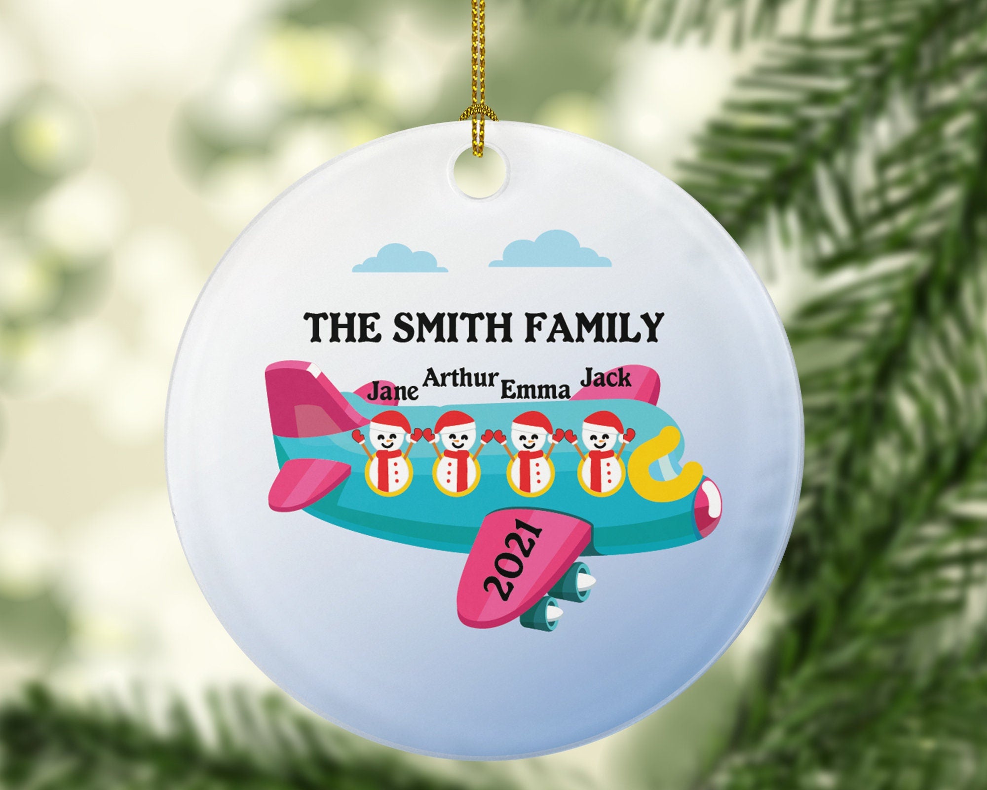 Personalized Christmas Ornament Family Airplane Ride/Family Vacation- Family of 3 Christmas Ornament - Family Travel Ornament