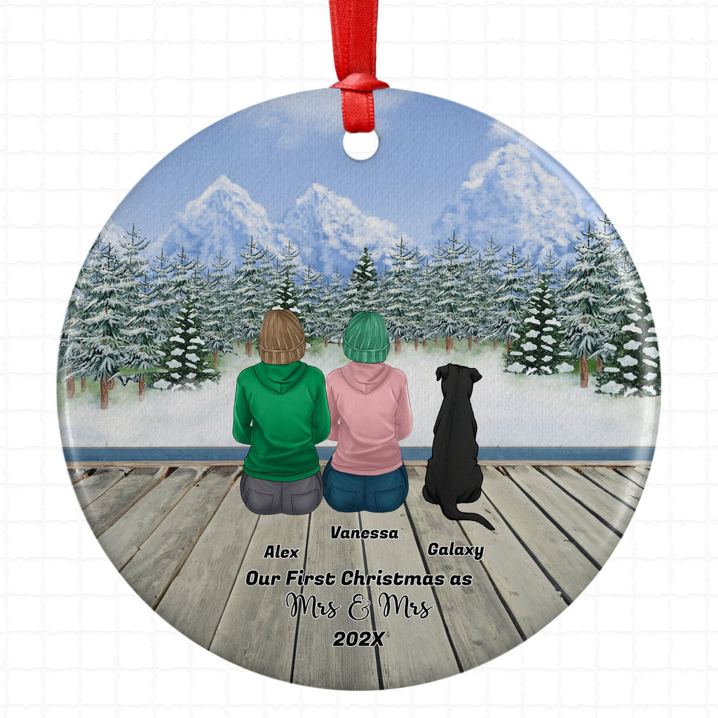 Personalized Mrs&Mrs Lesbian Couple Christmas Ornament Pet Custom Ceramic Keepsake Couples Dog Cat Owners Married Holiday Gift Winter Scene