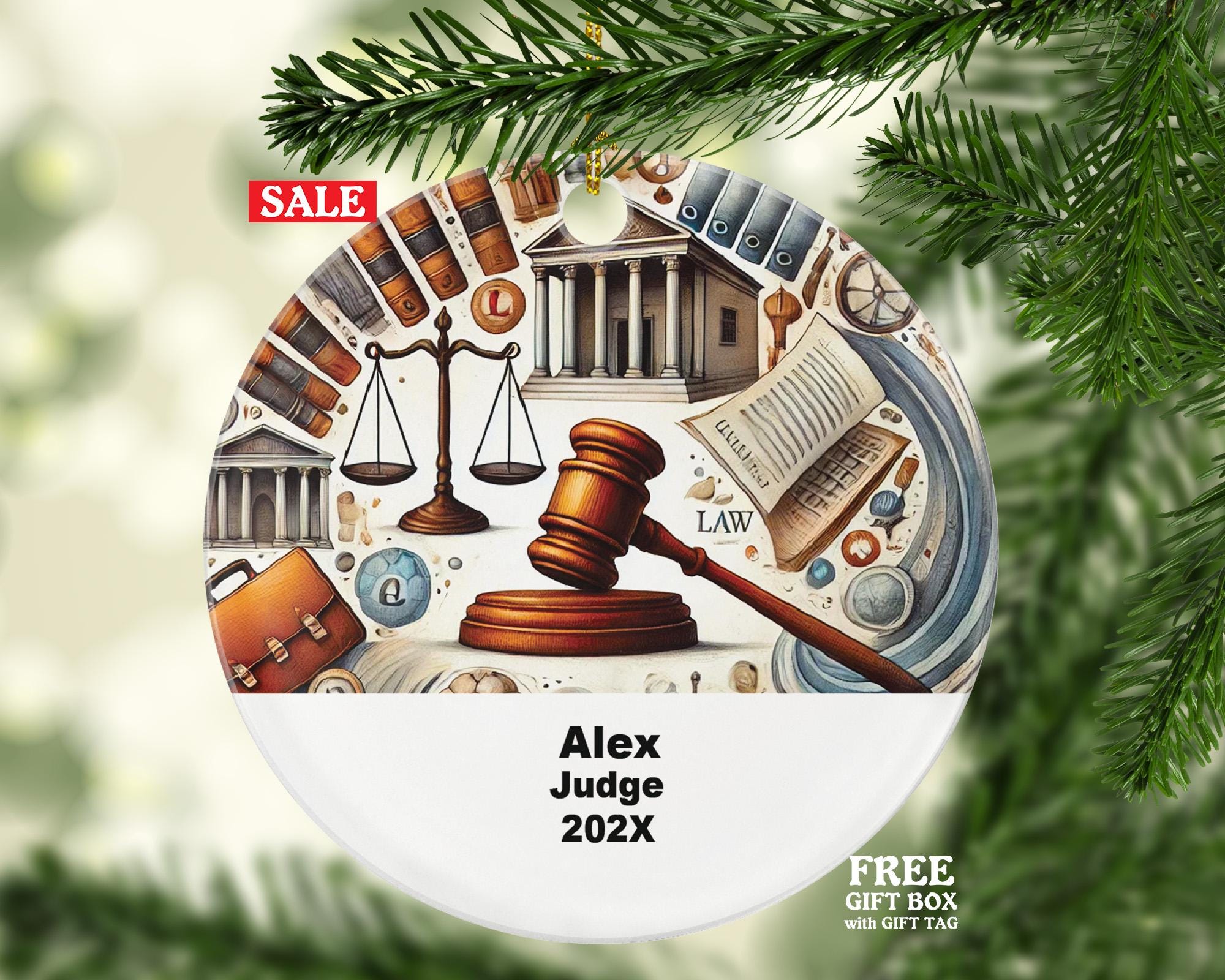Personalized Judge Ornament – Custom Law Gift – Court and Justice Ornament with Name and Year