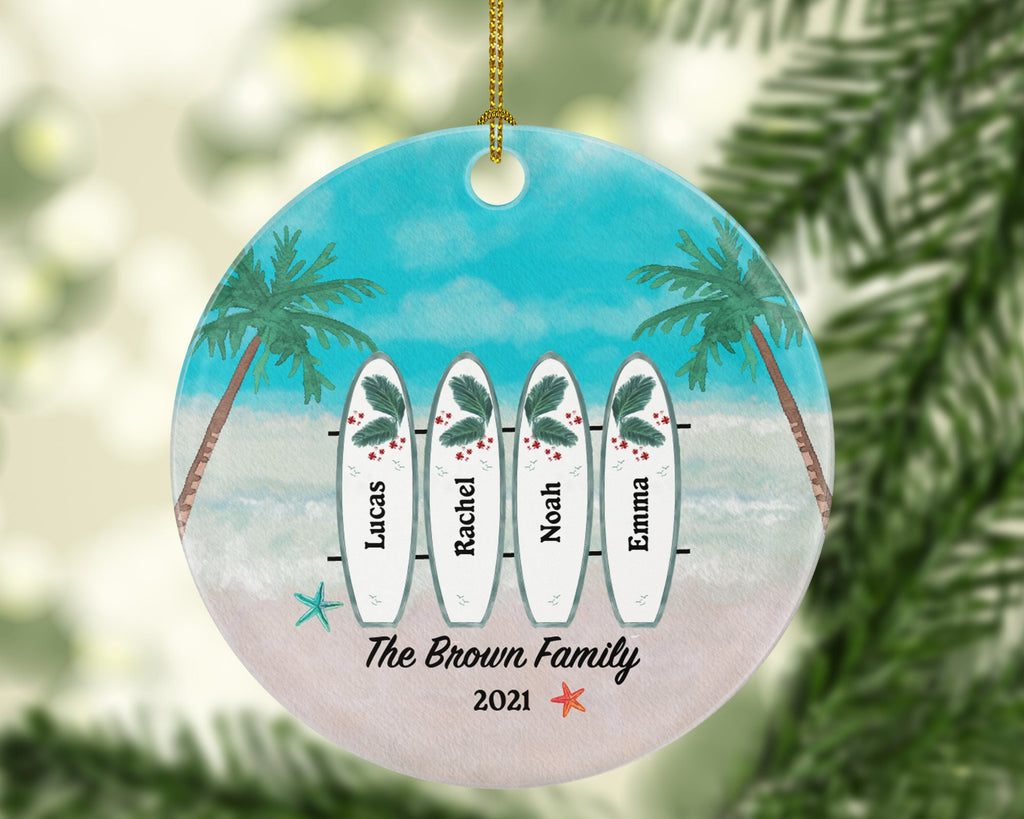 Surfboard Family Personalized Christmas Ornament - Family of 3 4 5 6 Surf board Three Four Five Six Custom Name Palm Tree Beach Sea