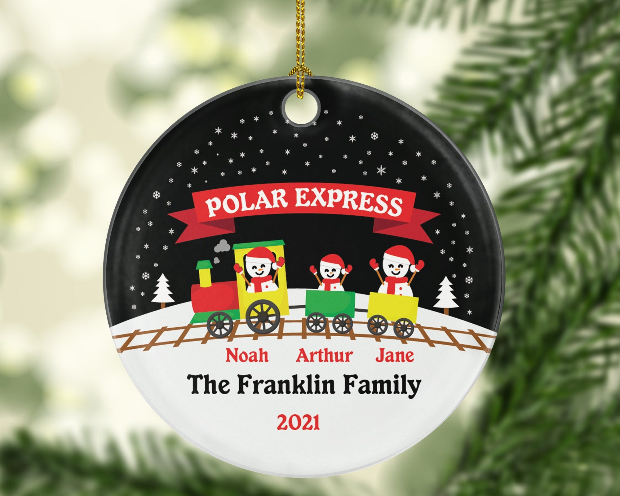Family of 3 Three in Train Christmas Ornament - Personalized Snowmen Family Names - Polar Express