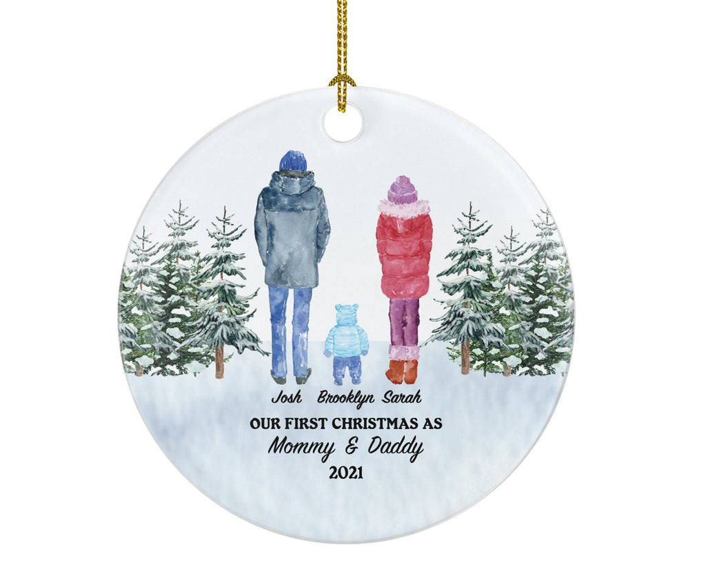 Our First Christmas as Mommy and Daddy Ornament New Baby Girl Boy Parents Mother Father Mom Dad Gift Watercolor Winter Portrait Kid Child