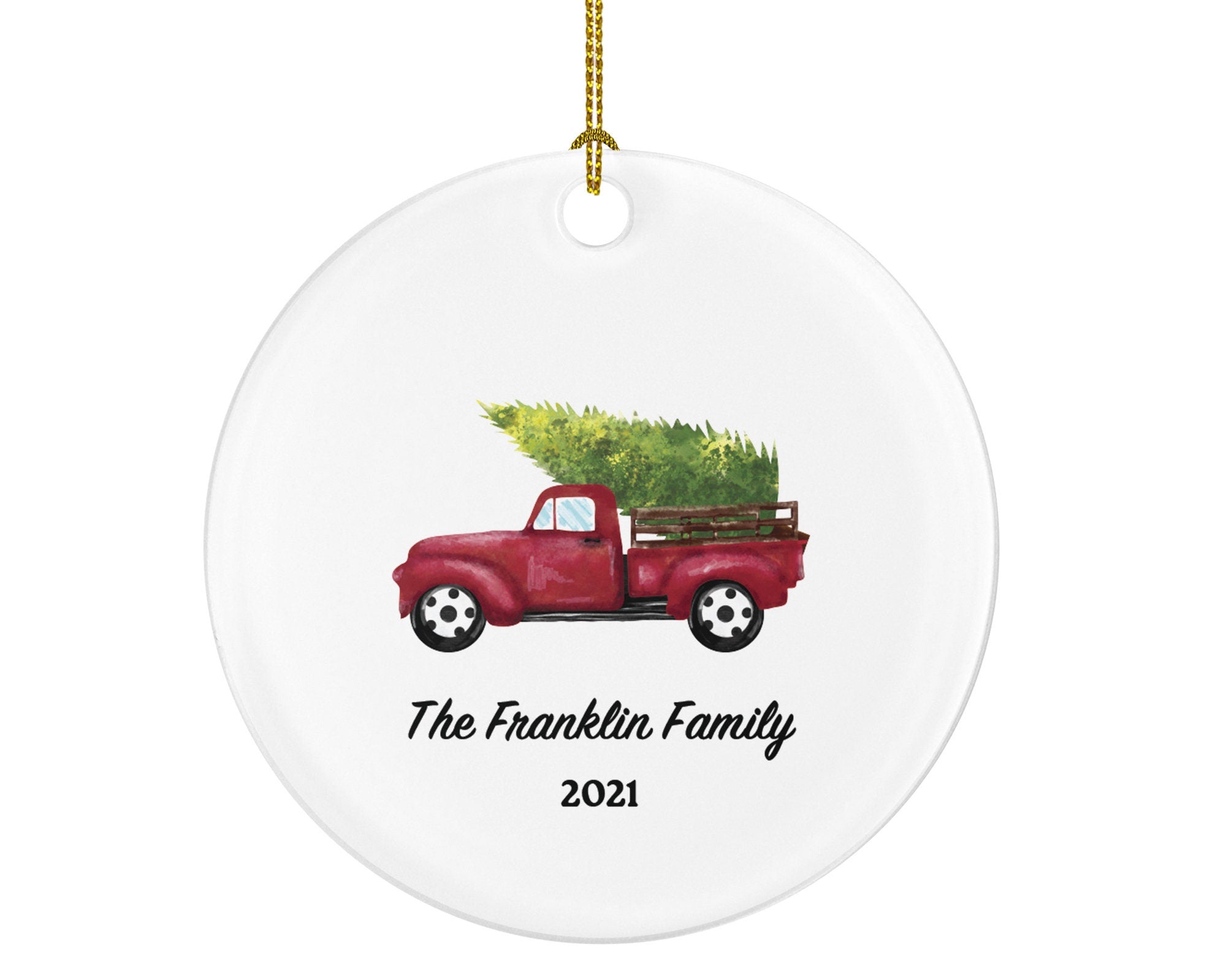 Personalized Red Pickup Truck Family Christmas Ornament - Vintage Red Pick up Car Gift Custom Ornament With Name Road Trip - Farmhouse Decor