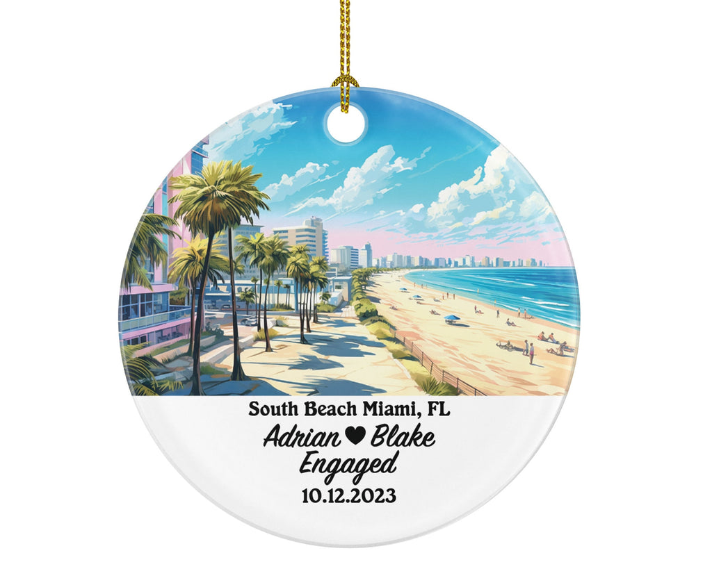 South Beach Miami Florida Christmas Ornament Personalized, FL Engaged Married Family Together Couple Travel Honeymoon Engagement Marriage
