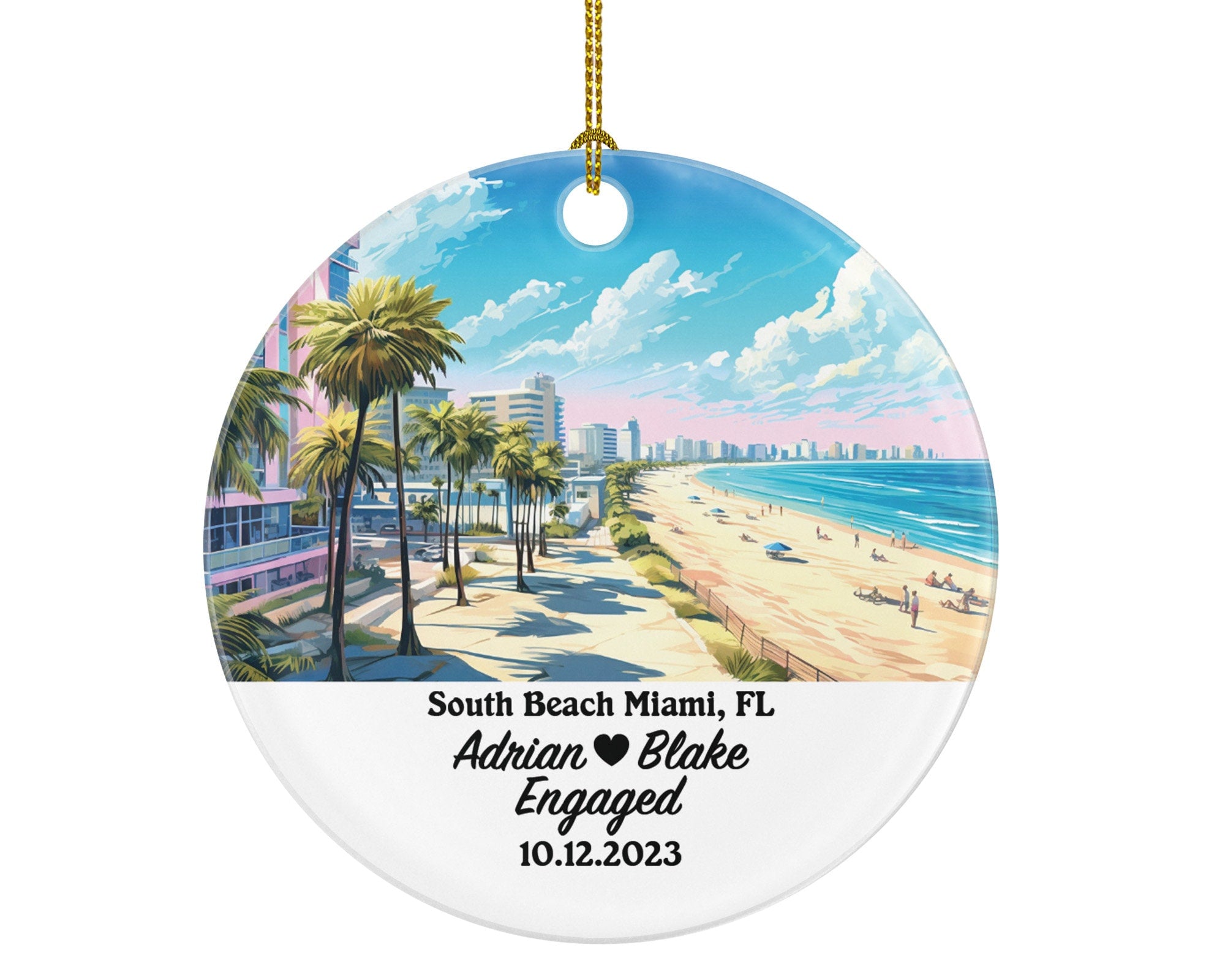 South Beach Miami Florida Christmas Ornament Personalized, FL Engaged Married Family Together Couple Travel Honeymoon Engagement Marriage