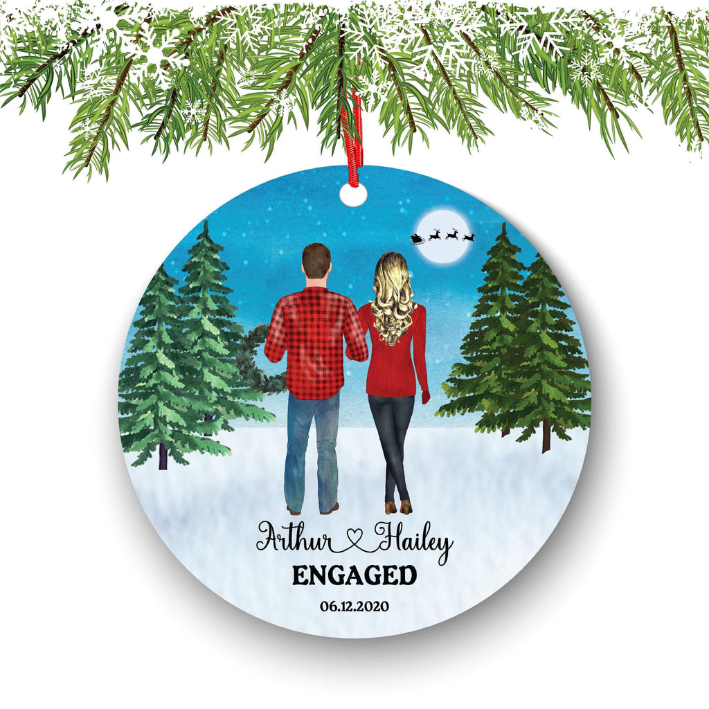 Engagement Christmas Ornament: Custom Names and Date - Ceramic with Ribbon