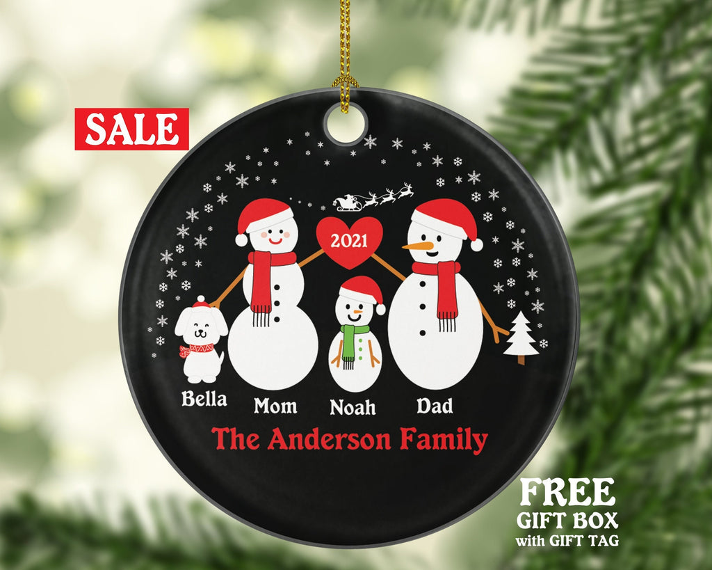 Personalized Family of 3 Ornaments With Dog Pet, Personalized Christmas Ornament, 3 snowmen, Snowman Family Ornament, Family of 3 Ornament