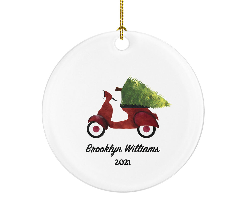 Red Moped Scooter Christmas Ornament Personalized - Riding Scooter Custom Gift - Delivery Moped Scooter with Tree