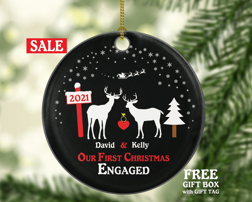 Personalized Engaged Christmas Ornament Engagement Couple Gift Our First Future Husband Wife Newly Just She Said Yes Deer Reindeer Name