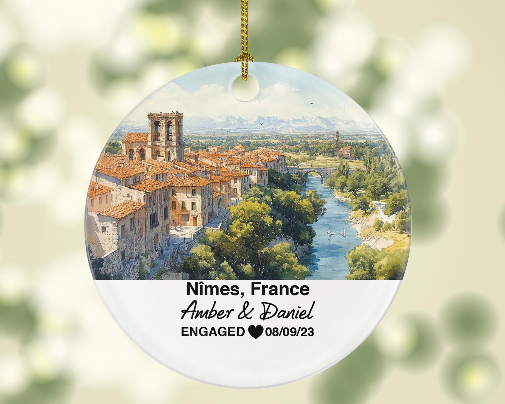 Personalized Nimes France Christmas Ornament, Jardins de la Fontaine, Mr & Mrs Wedding, Engagement, or Honeymoon Keepsake for Couples