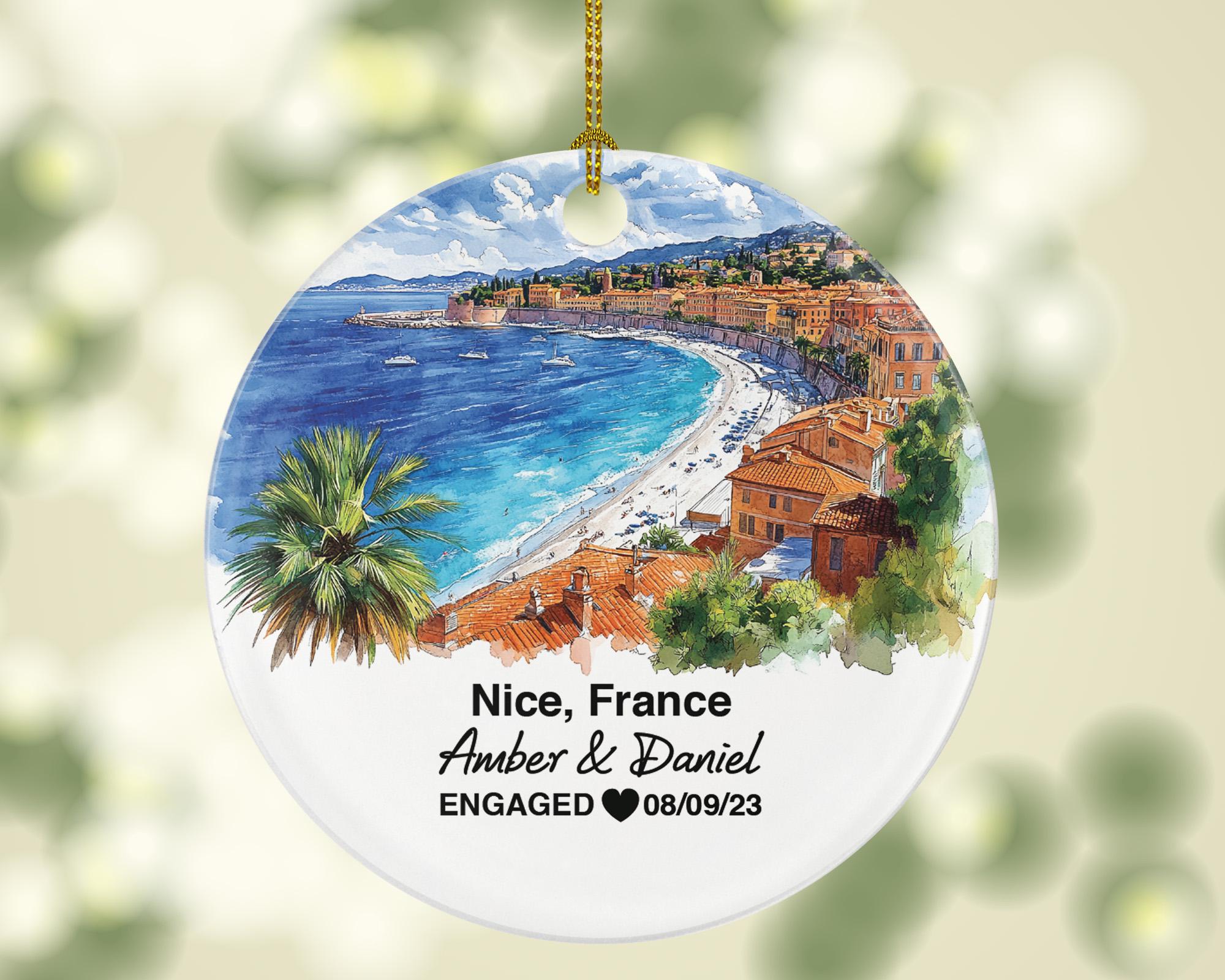 Personalized Nice France Round Ceramic Christmas Ornament – Personalized Holiday Keepsake, Custom Couple Gift for Wedding or Honeymoon