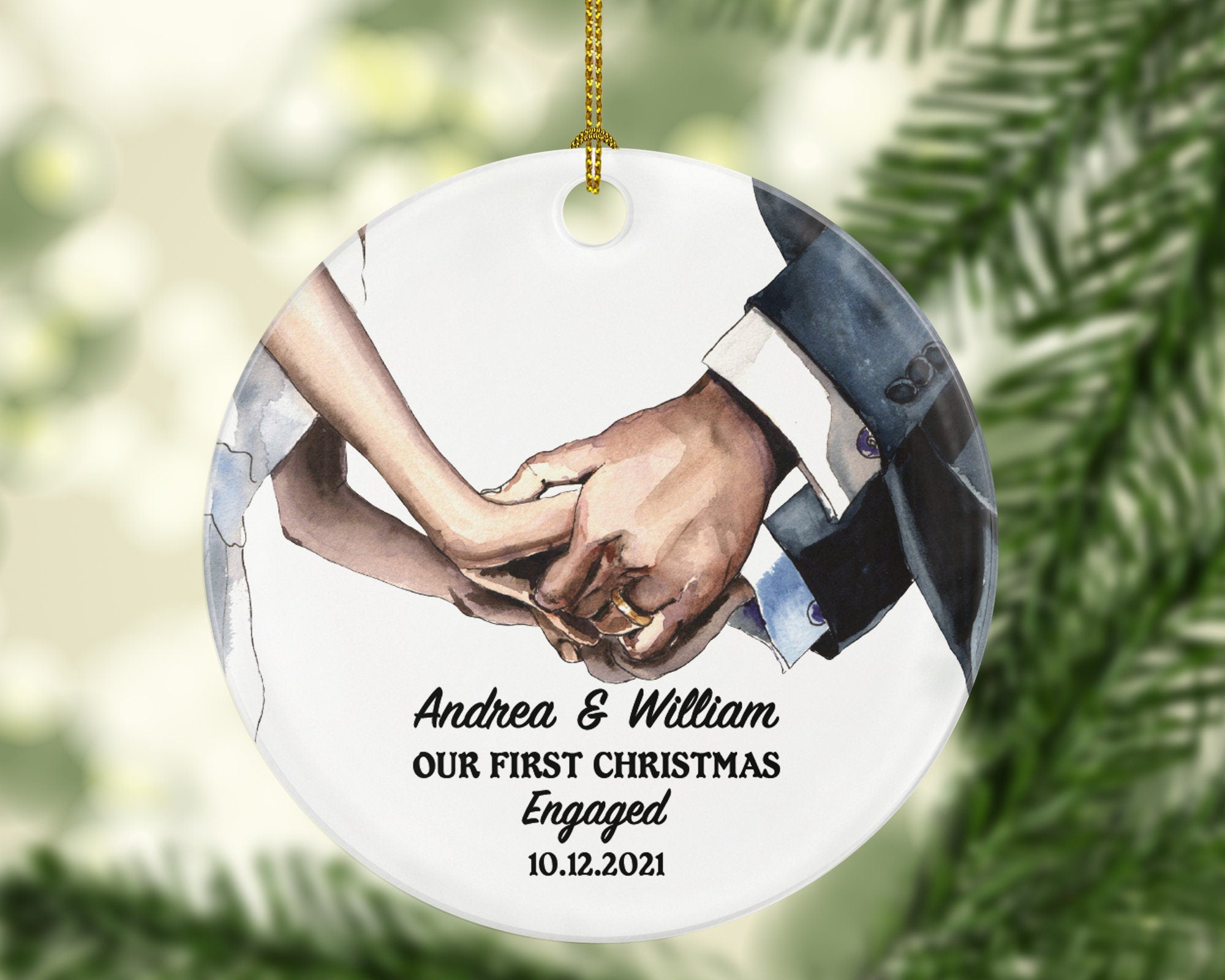 Our First Christmas Engaged Christmas Ornament - Engagement Announcement Couple Hands - Personalized Couple Gift Custom