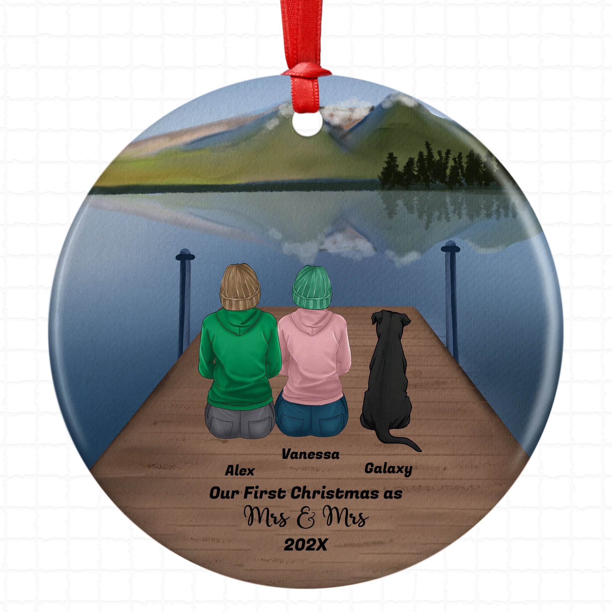 Personalized Mrs&Mrs Lesbian Couple Christmas Ornament Pet Custom Ceramic Keepsake Couples Dog Cat Owners Married Holiday Gift Lake Scene