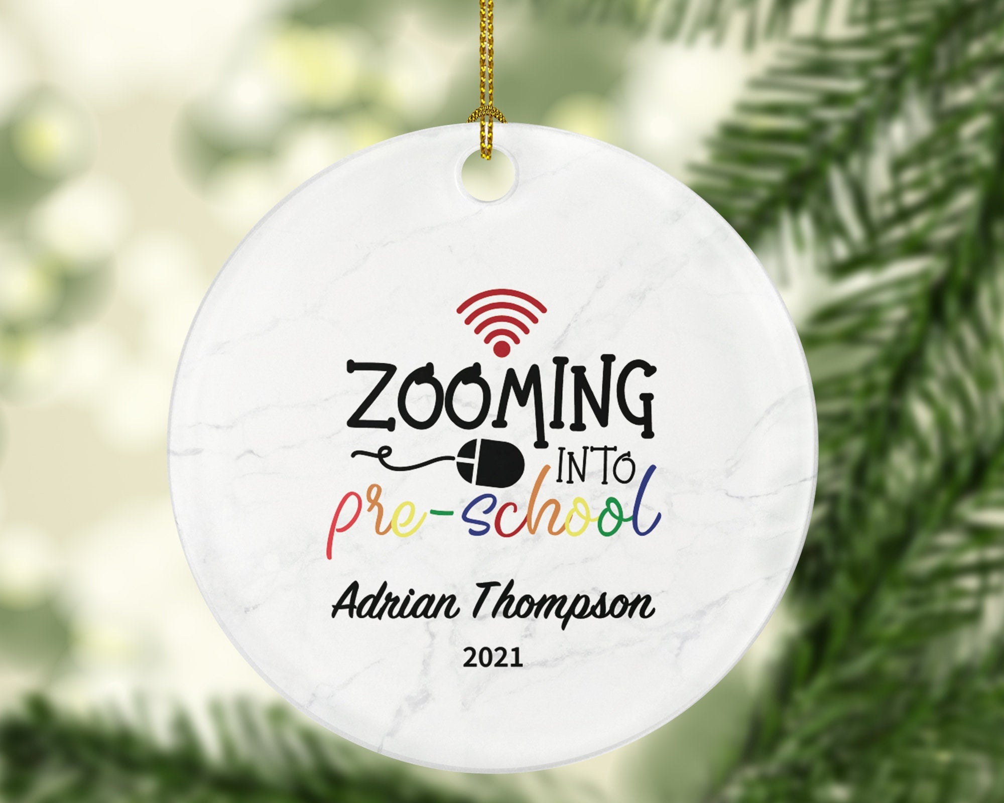 Virtual Grade Online Learning Christmas Ornament Personalized - Zoom Zooming into Kindergarten Pre-K Pre-School Schooling Remote