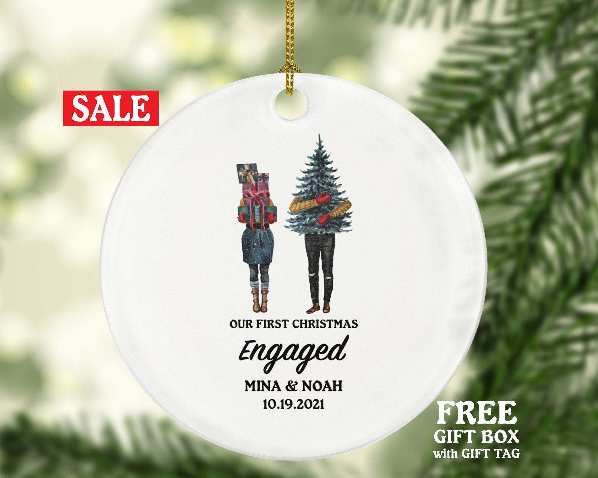 First Christmas Engaged Personalized Ornament - Engagement Announcement Christmas Couple Gift