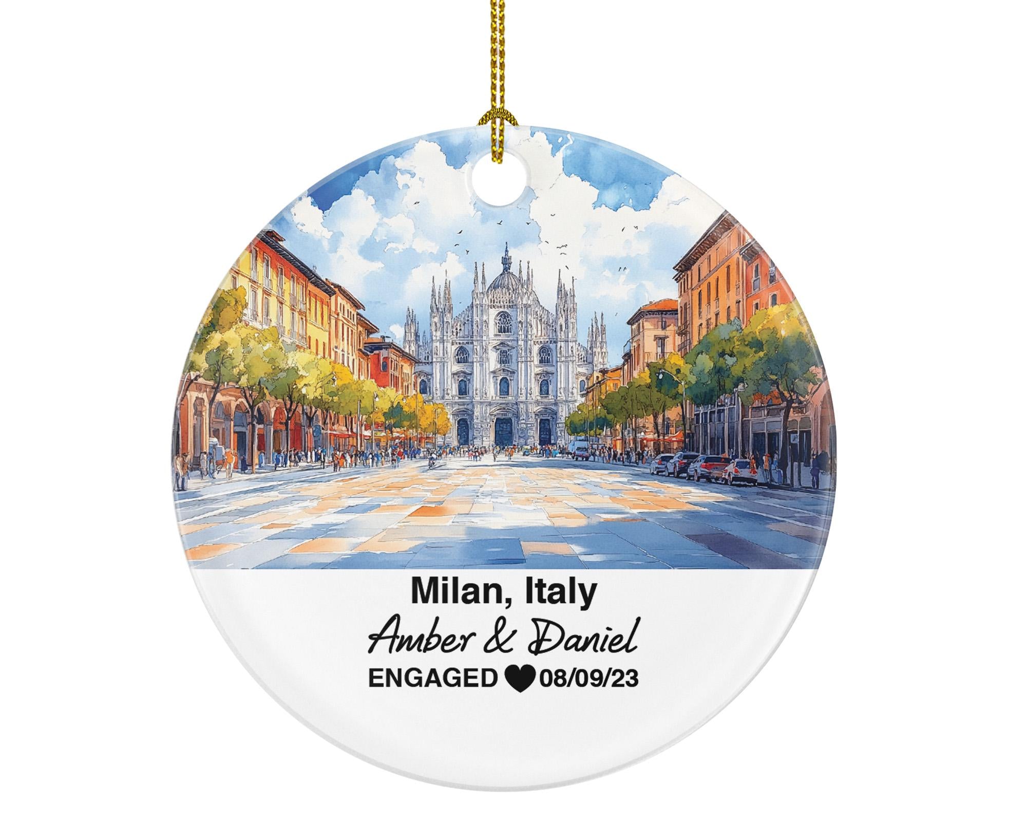 Custom Milan Italy Round Ceramic Christmas Ornament – Personalized Holiday Keepsake, Custom Couple Gift for Wedding or Honeymoon