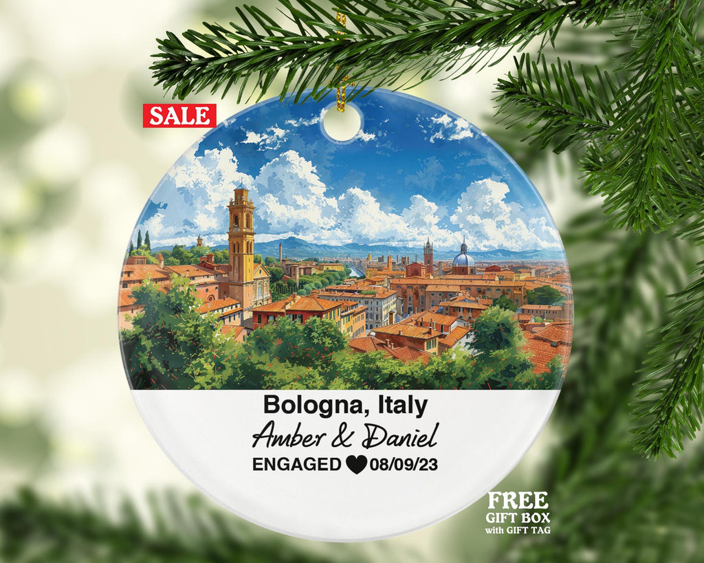 Personalized Bologna Italy Christmas Ornament, Iconic Towers, Historic Center, Mr & Mrs, Engagement, Wedding, Honeymoon Keepsake for Couples