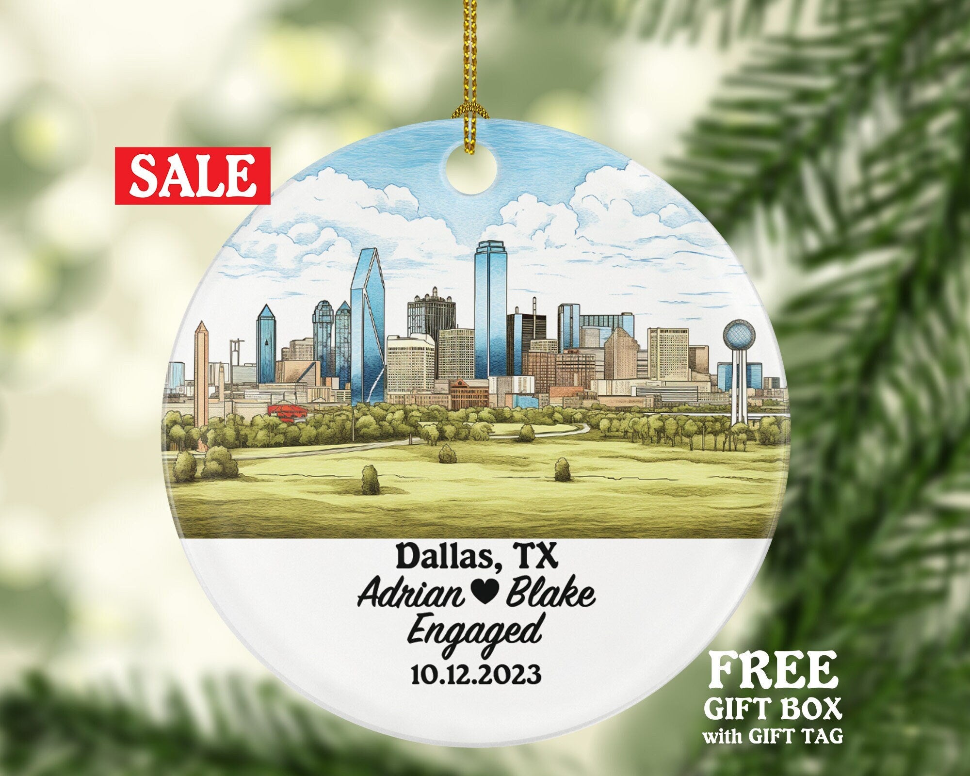 Dallas Texas Christmas Ornament - TX Engaged Married Family Together Couple Travel Honeymoon Wedding Engagement Marriage