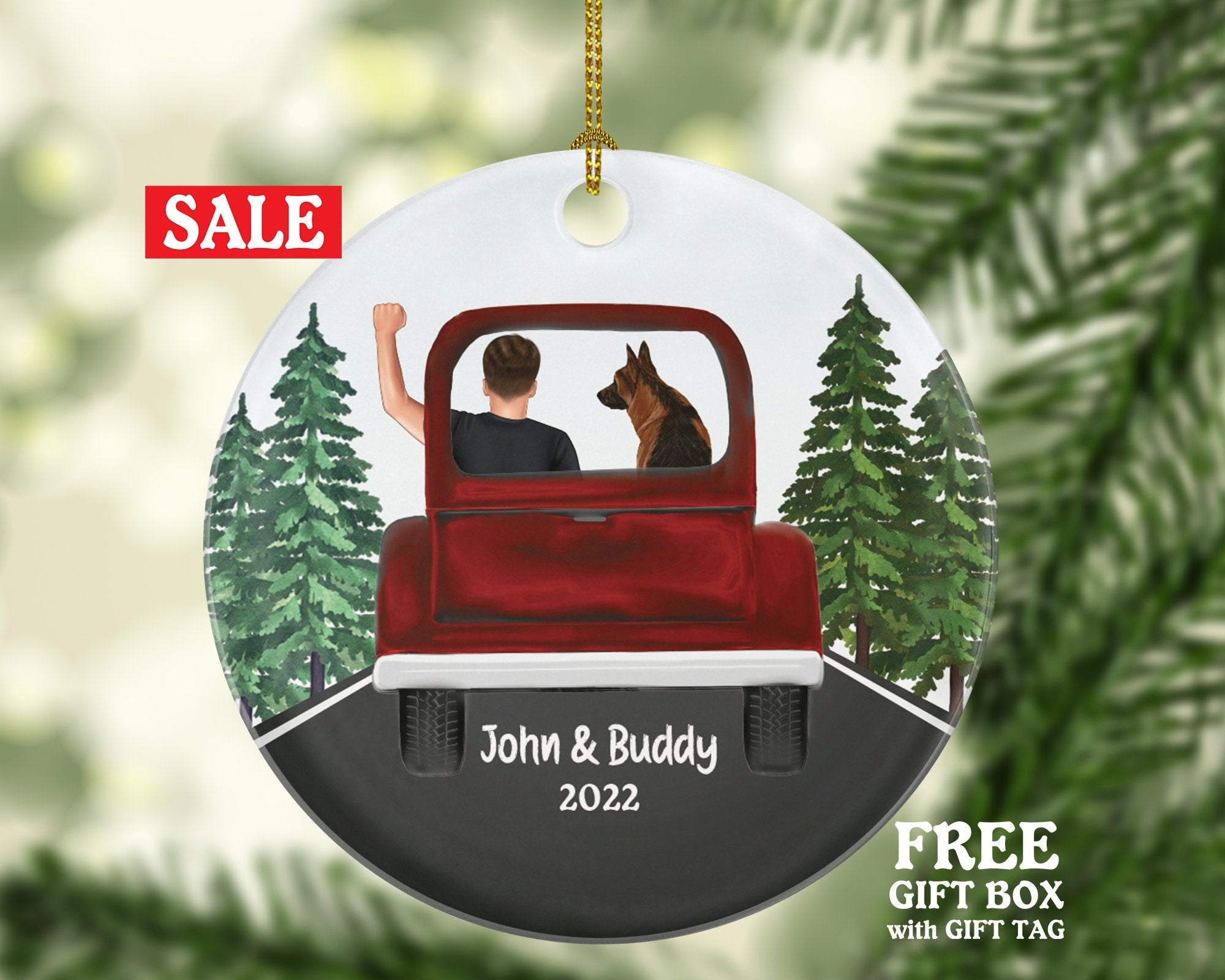 Boy Driver and Dog in a Truck Car Personalized Christmas Ornament New Fur Dad Driver Custom Pet Lover Owner Gift Holiday Rescue