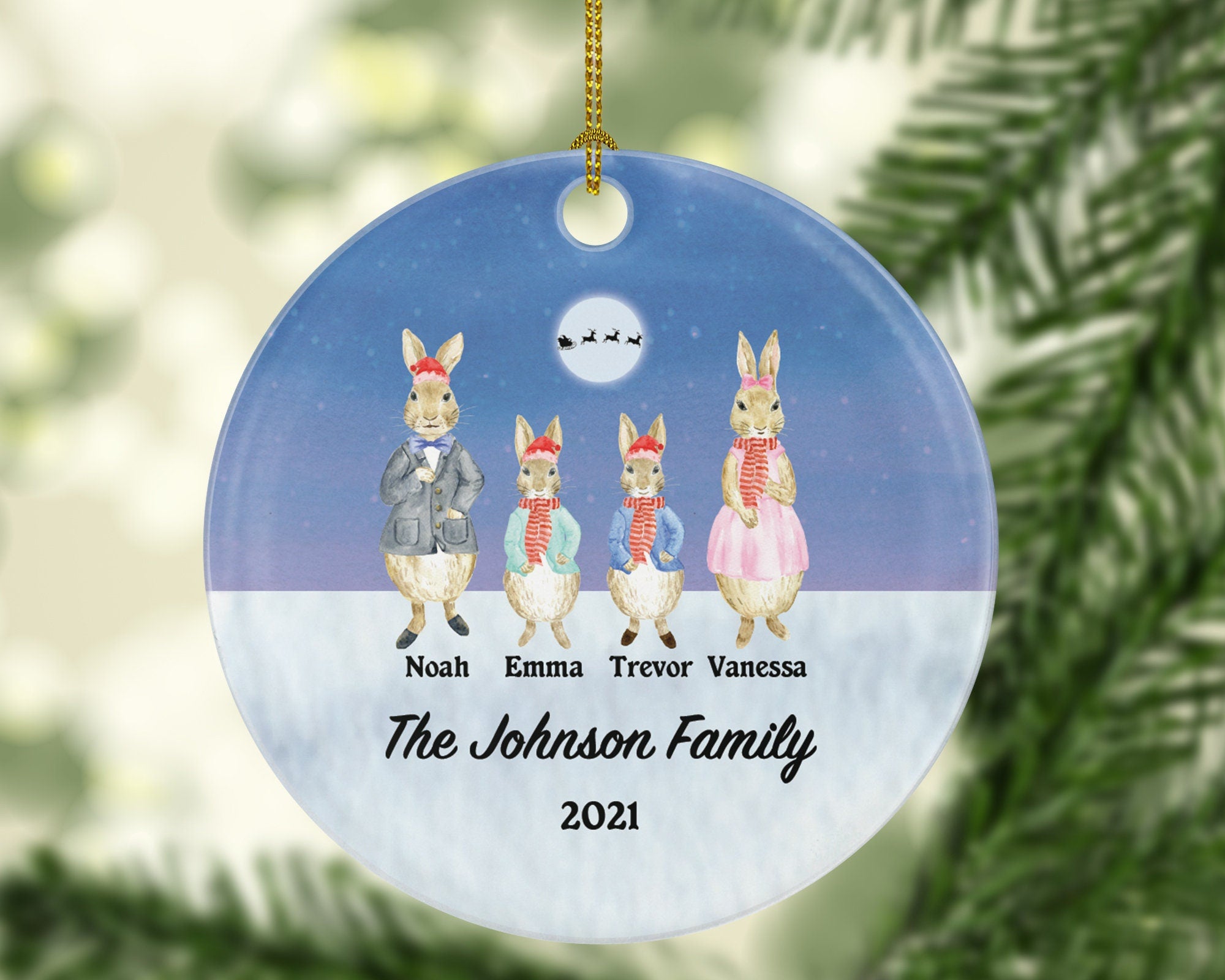 Family of 3 4 5 6 7 Personalized Christmas Ornament - Three Four Five Six Seven Custom Rabbit Mom Dad Kids Children Gift