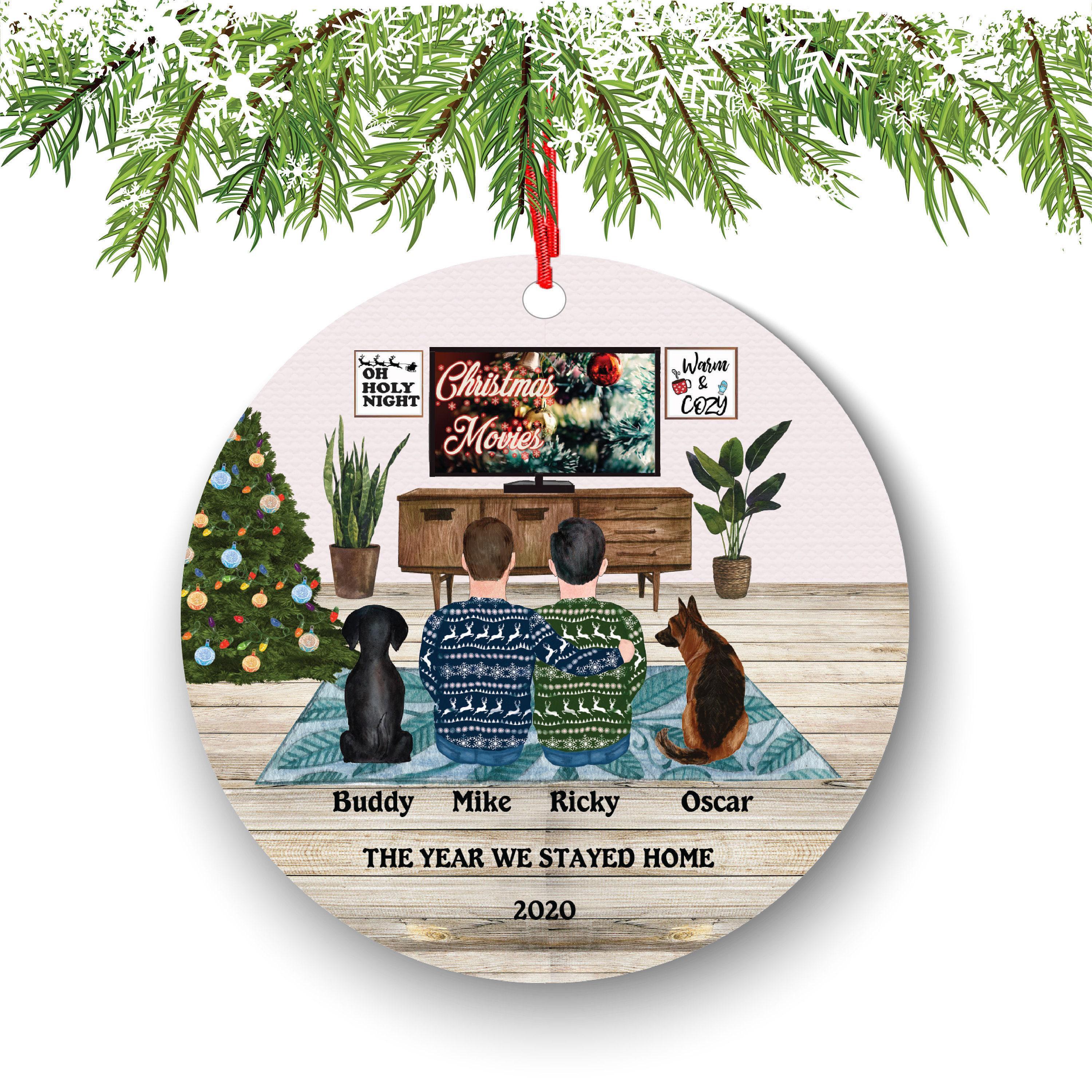 Gay Couple Christmas Ornament - Cozy Movie Night with Pets