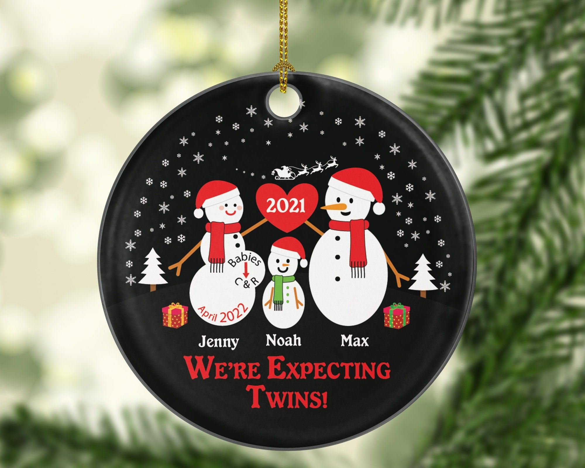 Expecting Twins Personalized Christmas Ornament Child Family of 3 Snowman Couple Parents Dad to be Pregnancy announcement mom to be of twins