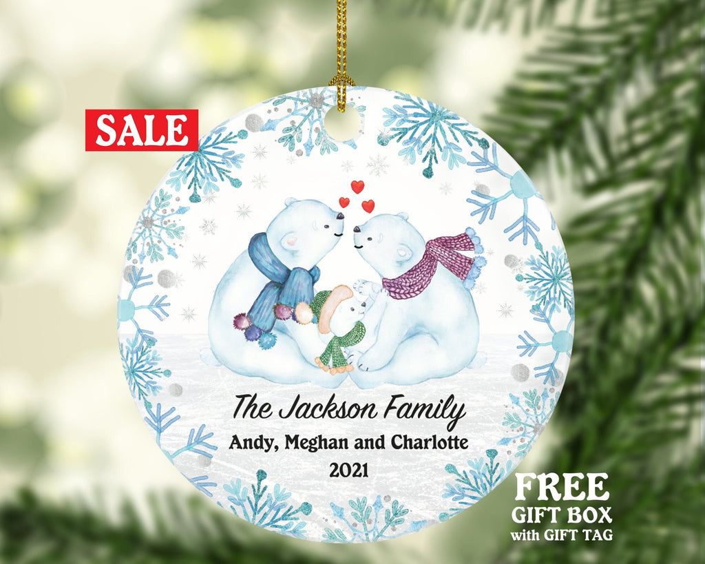 Family of 3 Personalized Ornament - First Christmas Bear New Baby Girl Boy Parents Mother Father Mom Dad Gift Kid Child