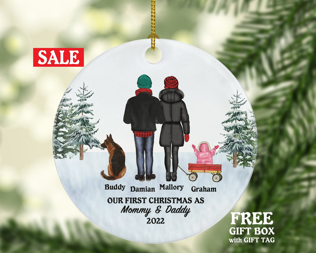 Mommy Daddy Baby and Dog Cat Pet Personalized Christmas Ornament Custom Family of 3 Fur New Mom Dad Newborn Gift Lover Owner Holiday