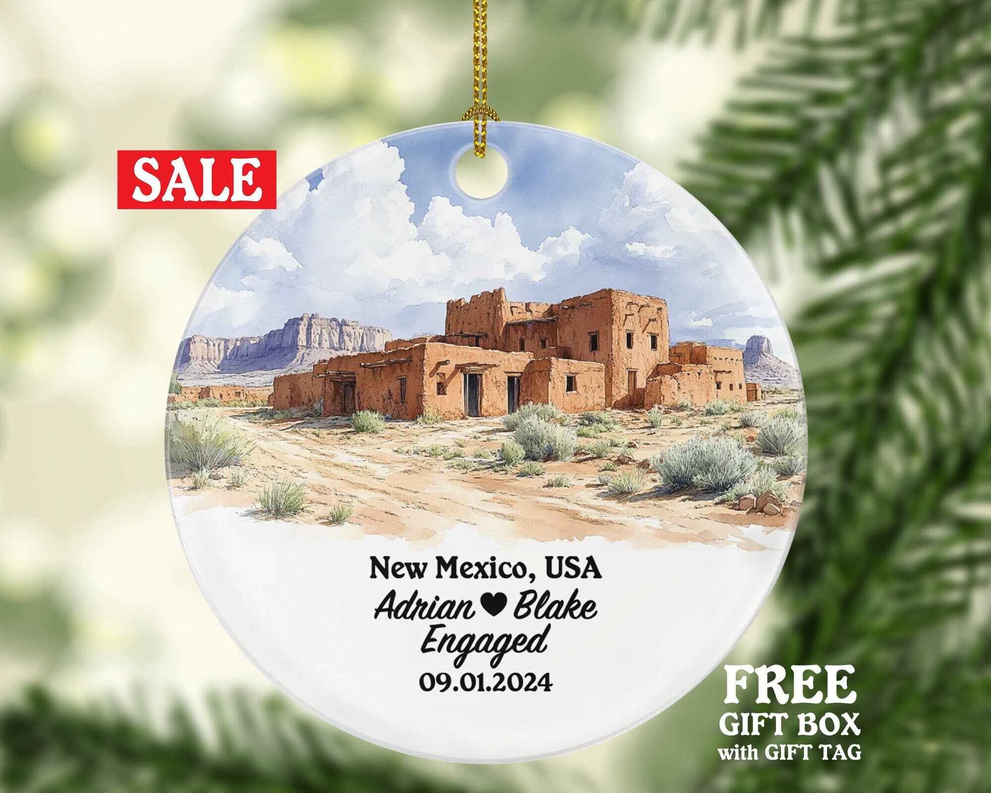 New Mexico Christmas Ornament Personalized - NM Engaged Married Family Together Couple Travel Honeymoon Engagement Marriage