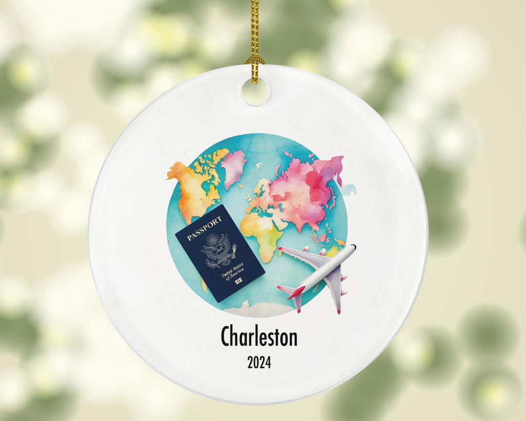Traveler Christmas Ornament Personalized - Vacation Travel Lover Gift For International Traveler - Passport Plane Map - Custom Name Year