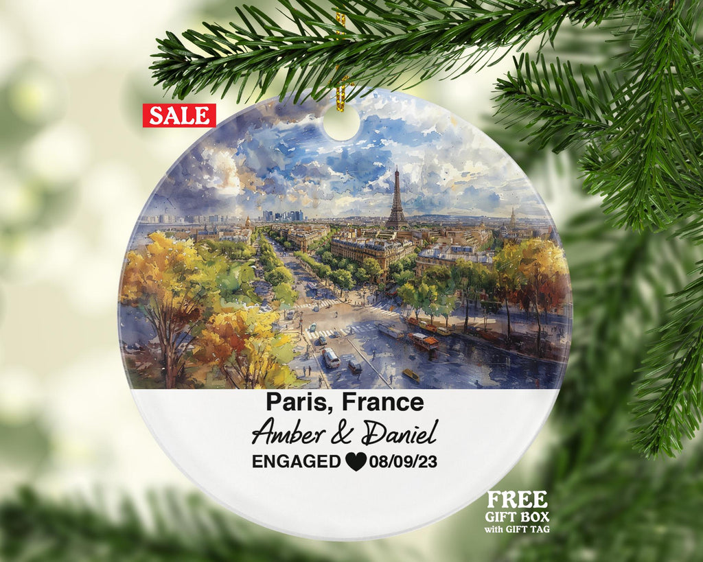 Personalized Paris France Round Ceramic Christmas Ornament – Personalized Holiday Keepsake, Custom Couple Gift for Wedding or Honeymoon
