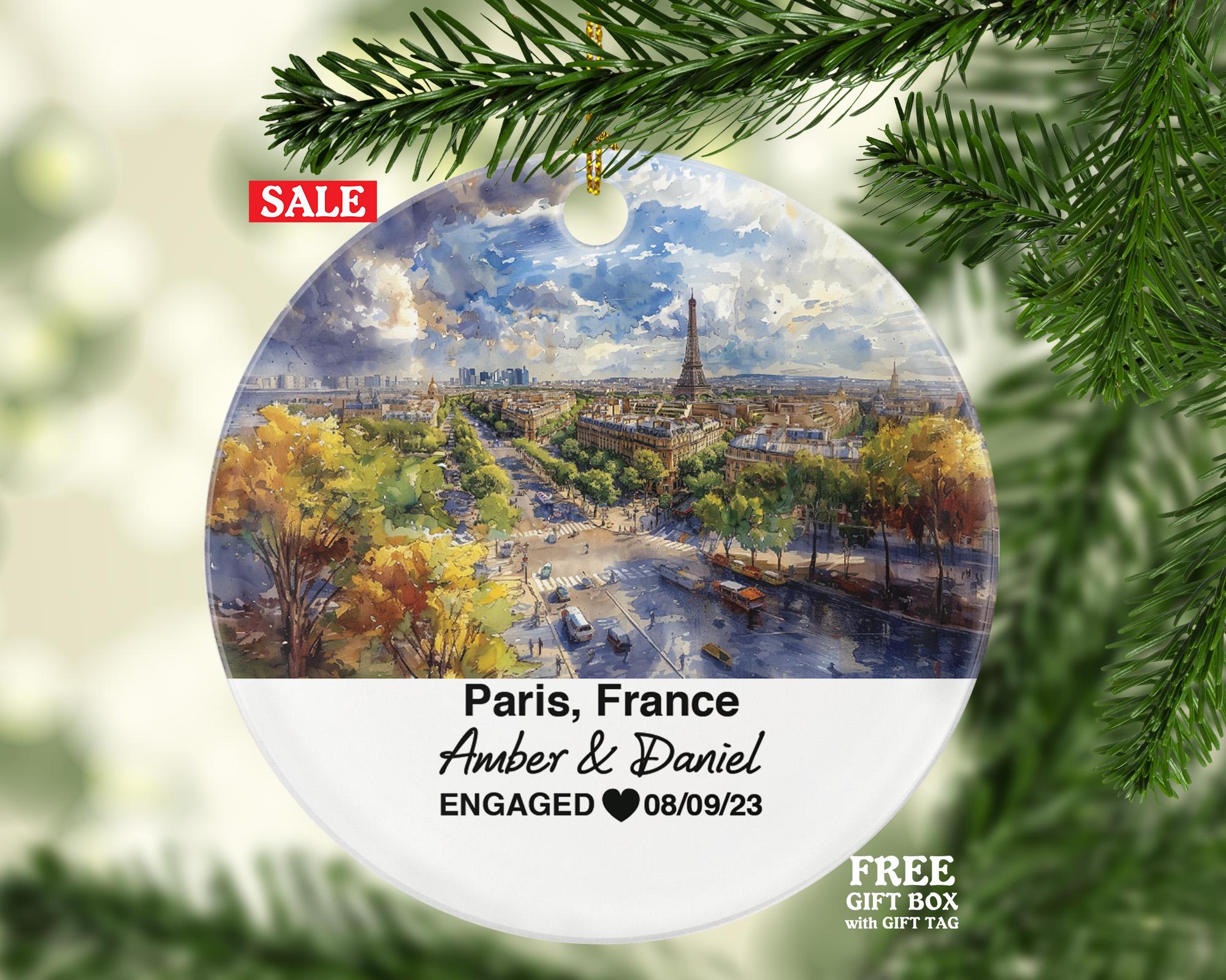 Personalized Paris France Round Ceramic Christmas Ornament – Personalized Holiday Keepsake, Custom Couple Gift for Wedding or Honeymoon