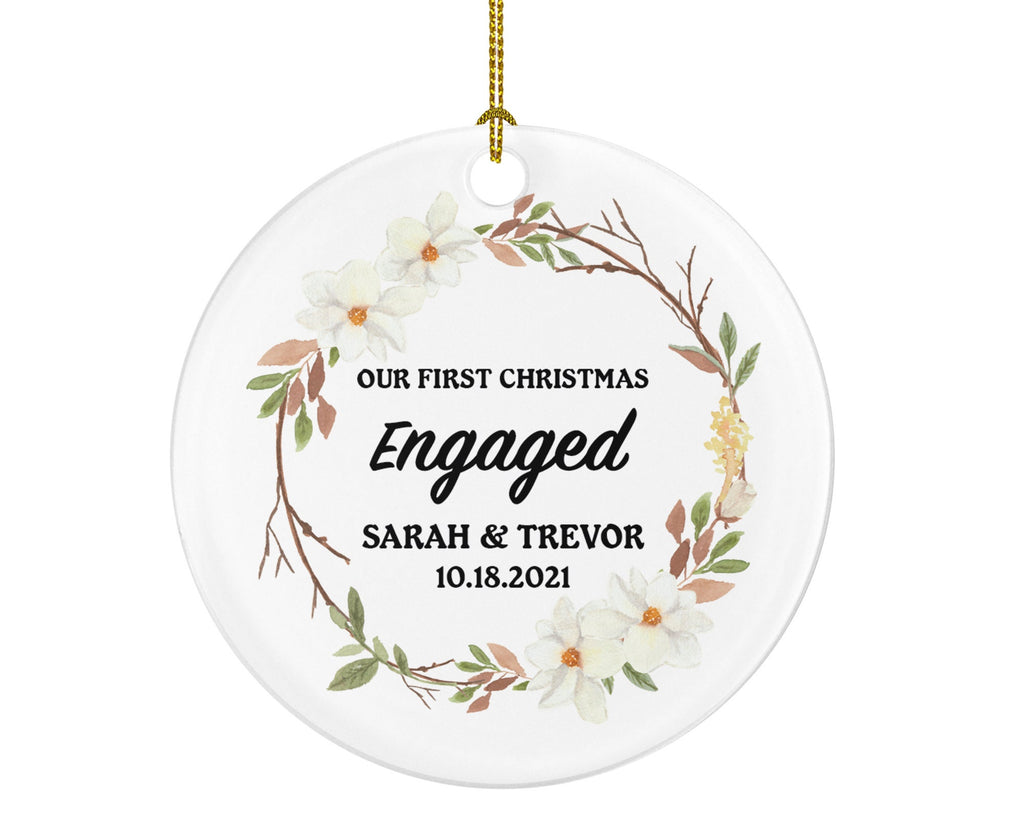 First Christmas Engaged Personalized Ornament - Engagement Announcement Couple Gift - Flowers