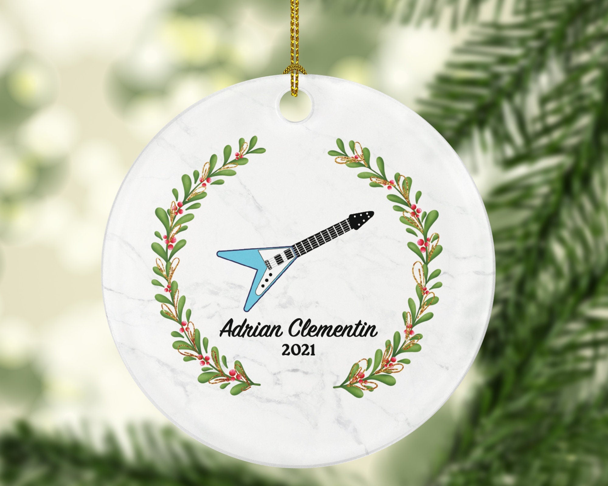 Electric Guitar Christmas Ornament Personalized - Musical Instrument Guitarist Playing Guitar Gift for Guitarist - Custom Name Year