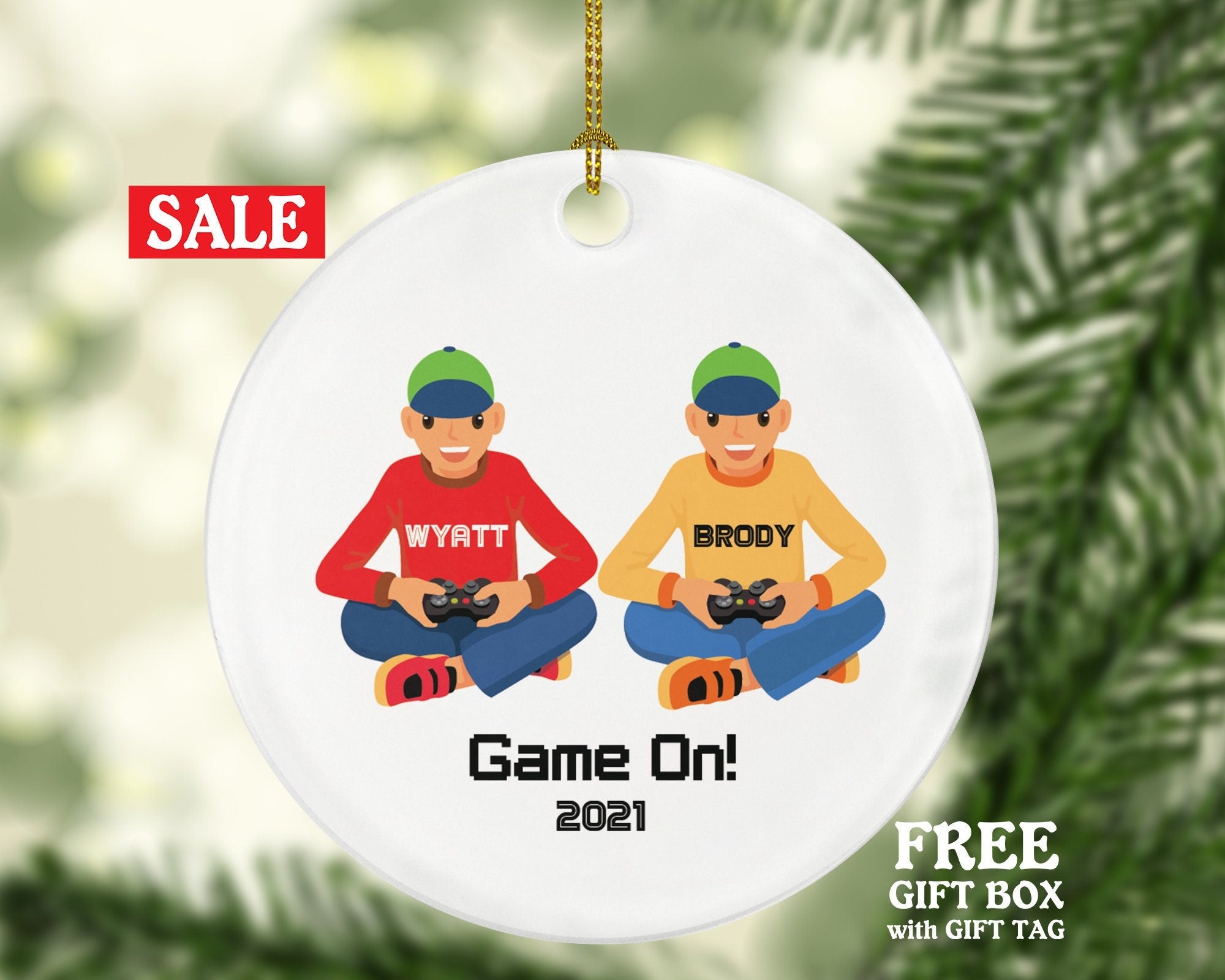 Personalized Video Game Player Gamer Boys Christmas Ornament - Best Friends Playing for Boy Controller Addict Hobby Joystick