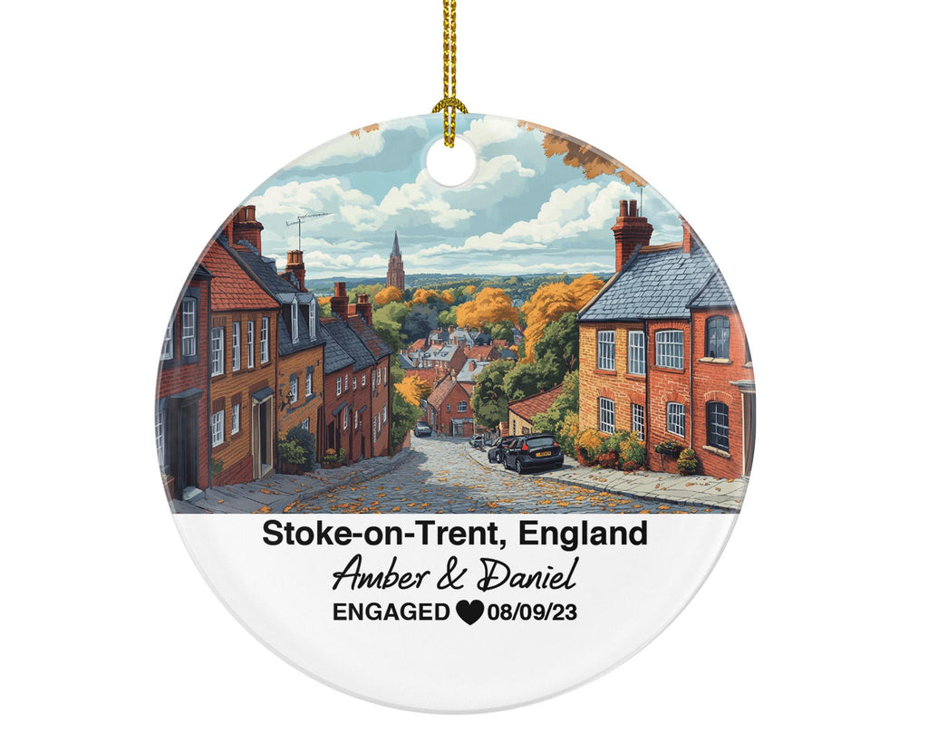 Stoke-on-Trent England Round Ceramic Christmas Ornament – Personalized United Kingdom Keepsake, Custom Couple Gift for Wedding or Honeymoon
